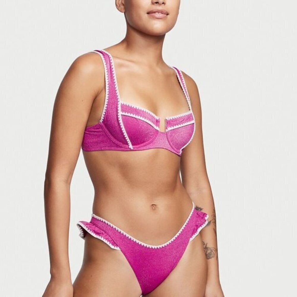 Victorias Secret 2pc Bikini Swim Set Fuschia Large Bottom 34 D Top crochet trim